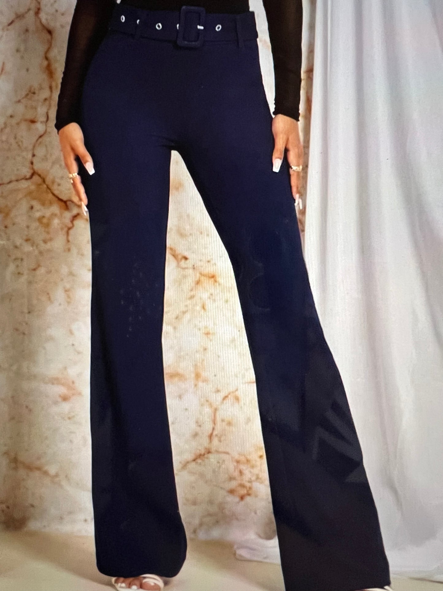 Navy Flare Leg Belted Pants
