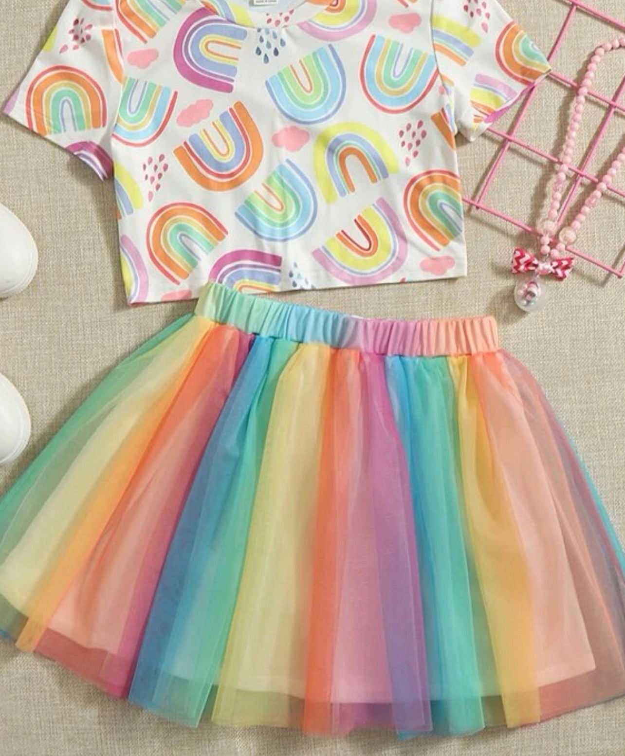 Girls Rainbow Print Tee and Mesh Skirt