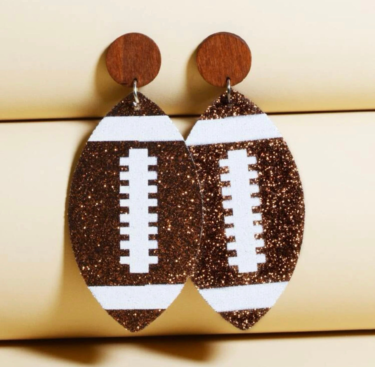 Wooden Glitter Football earrings gs